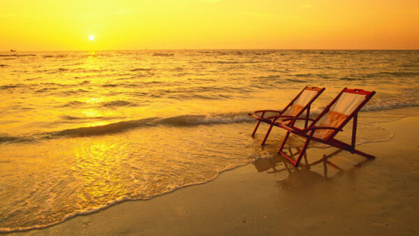 Wallpaper During, Chairs, Sunset, Yellow, Background, Wooden, Waves, Sand, Two, Nature, Ocean, Sky