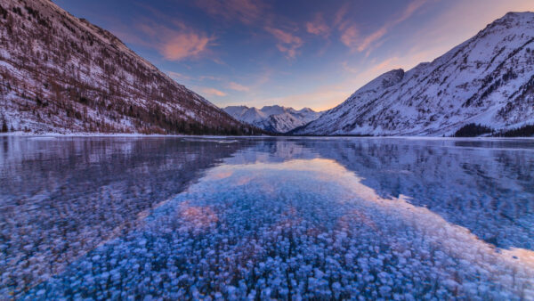 Wallpaper Nature, Clouds, Snow, Mountains, Covered, Blue, Under, Trees, White, Between, River, Sky, Green