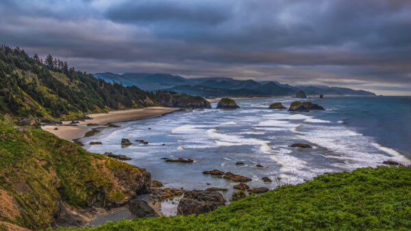 Wallpaper Desktop, Mountains, White, Mobile, Beach, Ocean, Sand, Stones, Blue, Under, Nature, Trees, Sky, Clouds, Greenery, Rocks, Waves