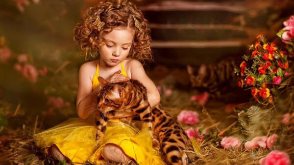 Wallpaper Wearing, With, Dress, Curly, Little, Girl, Cat, Cute, Hair, Yellow