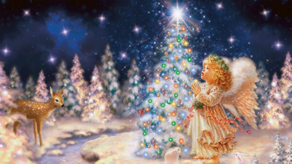 Wallpaper Christmas, And, Deer, Glittering, Desktop, Standing, Side, Near, Girl, Child, Tree