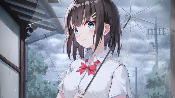 Wallpaper White, Umbrella, Wearing, Uniform, Under, Standing, Eyes, Blue, Anime, Girl