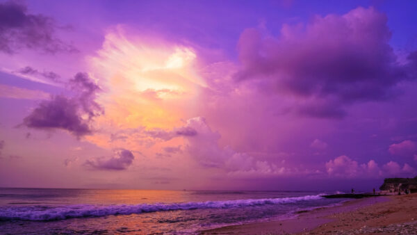 Wallpaper Ocean, White, Clouds, Beach, Sunset, Blue, Sky, Under, Sand, During, Waves