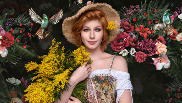 Wallpaper Yellow, Model, Standing, Redhead, Girl, Girls, Colorful, With, Flowers, Background, Cap, Dress, White, Wearing, And