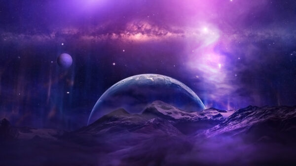 Wallpaper Purple, Night, Mountain, Moon, Sky, Space, Galaxy, Stars, Planet