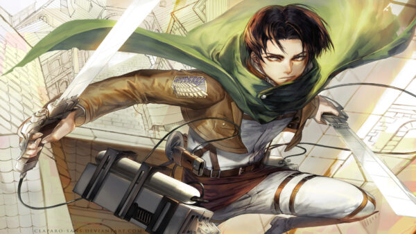 Wallpaper Scarf, Green, Two, Attack, Levi, With, Back, Building, Ackerman, Desktop, And, Sords, Anime, Background, Titan