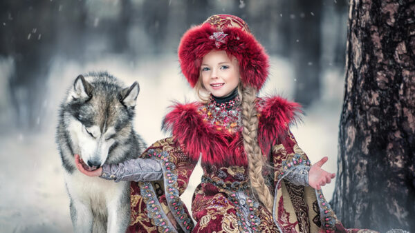 Wallpaper Costume, Smiley, Hat, Cute, Wearing, Desktop, Snow, Girl, Background, And, Little, Traditional, Forest, Red, With, Wolfdog