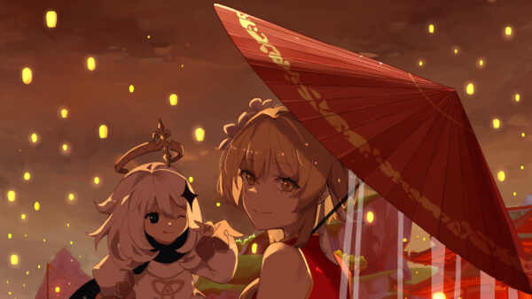 Wallpaper Paimon, Impact, Umbrella, Lumine, With, Genshin