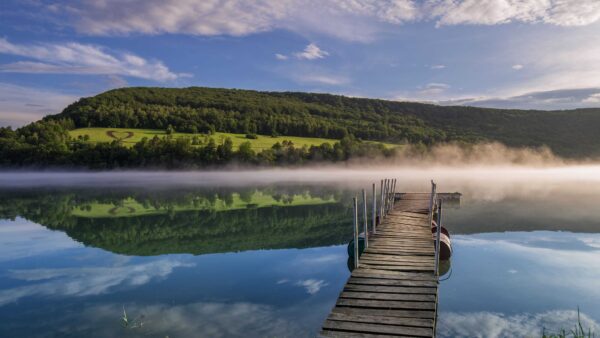 Wallpaper Sky, Pier, Reflection, With, Landscape, Nature, Fog, View, Trees, Blue, Under, Forest, Between, Clouds, Water, Green, River, Wood, Dock, Bushes, Desktop, White, Mobile