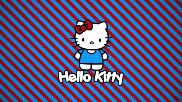 Wallpaper Desktop, Kitty, Head, Hello, Blue, Red, Striped, Background, With, Bow