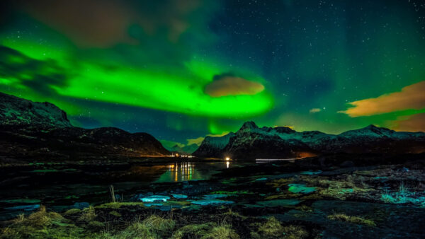 Wallpaper Aurora, Village, Reflection, River, Capped, Starry, Borealis, Snow, Mountains, Nature, Sky