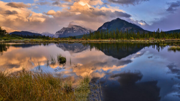 Wallpaper Reflection, Capped, Clouds, Trees, Blue, Snow, View, Landscape, Under, Green, Sky, Mountain, Water, White, Nature