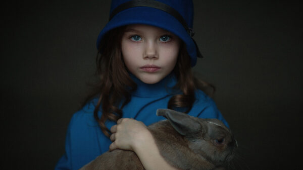 Wallpaper Rabbit, And, Background, Little, Dark, Girl, Hat, Cute, Wearing, Standing, Blue, Dress, With