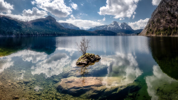 Wallpaper Mobile, Reflection, Mountains, Landscape, With, White, Rocks, View, Blue, Under, Bushes, Snow, Slope, Nature, Clouds, Sky, Lake, Desktop, Trees