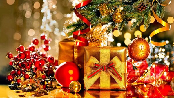 Wallpaper Decoration, Background, Box, Gift, Lights, Ornaments, Balls, Bokeh, Christmas