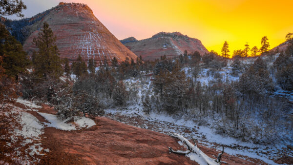 Wallpaper Zion, Mountain, With, Park, Snow, Nature, During, Desktop, Sunset, National