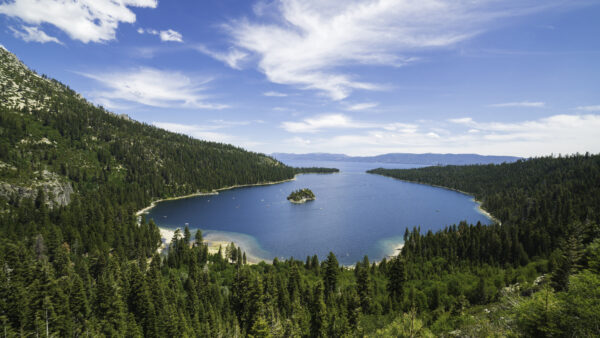 Wallpaper Blue, Lake, Nature, Green, View, Trees, Between, Under, Clouds, With, Aerial, Desktop, Sky, Mountain