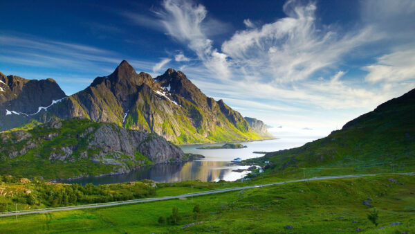 Wallpaper Desktop, Covered, Cloud, Between, Daytime, Sky, Mountain, Green, Grass, During, Nature, Road, Under, Land, Blue, Brown