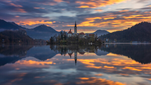 Wallpaper Reflection, Assumption, Near, Evening, During, Slovenia, Mountain, Travel, Lake, Mary, Desktop, Church