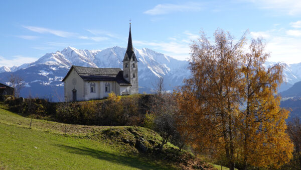 Wallpaper Covered, Under, Mountains, Church, Background, Nature, Sky, Snow