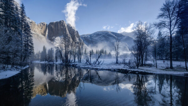 Wallpaper Covered, Water, View, During, Winter, Snow, Landscape, Reflection, Desktop, Mobile, Mountains, River, Daytime, Trees