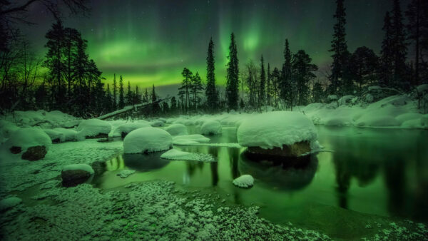 Wallpaper Aurora, During, Nighttime, Snow, Water, Lights, Borealis, Beautiful, Northern, Stones, Nature, Reflection, Covered, Trees