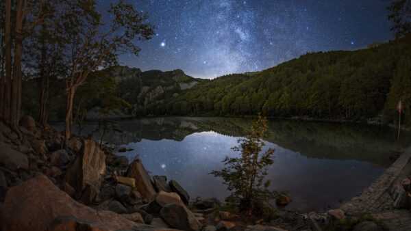 Wallpaper Mountain, Nature, Forest, Under, Sky, With, Italy, Lake, Desktop, And, Stars