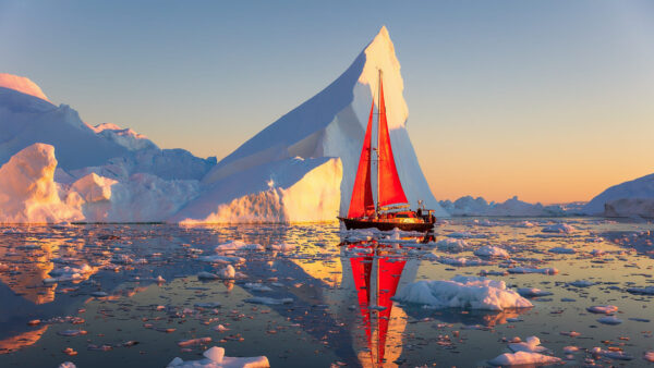 Wallpaper Frozen, View, Glacier, Sky, Sailboat, Water, Blue, Reflection, Mountain, Landscape, Red, Background, Nature
