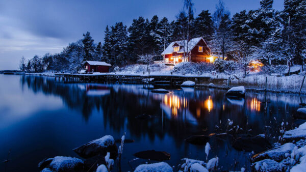 Wallpaper House, With, Beautiful, Stones, River, Trees, Covered, Reflection, And, Nature, Snow
