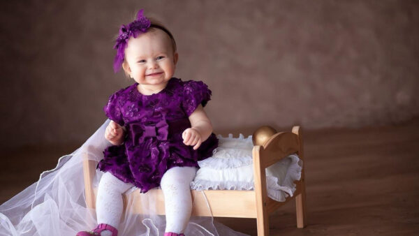 Wallpaper Smiling, Little, Baby, Bed, Wearing, Child, Sitting, Purple, Girl, Dress, Cute