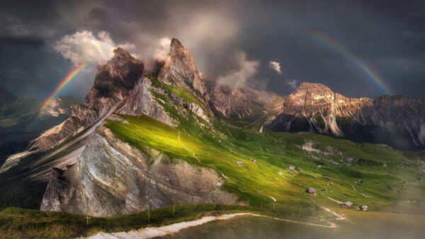 Wallpaper Rocks, Sky, Rainbow, Clouds, Background, Nature, Mountain, Blue, Greenery, Under, White