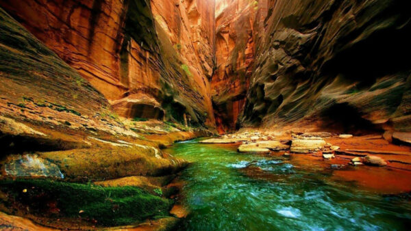 Wallpaper Scenery, Red, Mountains, Stream, Rocks, River, Between