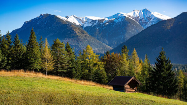 Wallpaper Nature, House, Land, Mountains, Trees, With, Desktop, Greenery, Blue, Mobile, Wood, Sky, Snow, Background, Autumn