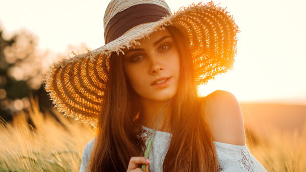 Wallpaper Wearing, Big, Dress, Paddy, Field, Hat, Standing, Model, And, Girl, Girls, White, Background