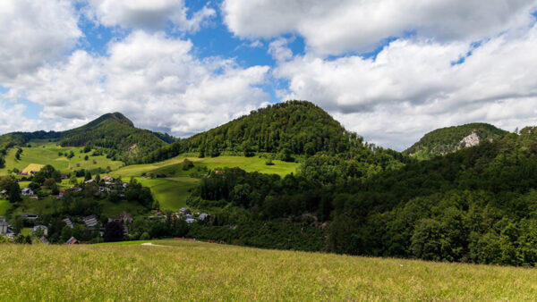 Wallpaper Greenery, Mountain, Landscape, Blue, Slope, Under, Grass, White, Sky, Houses, View, Village, Nature, Field, Clouds