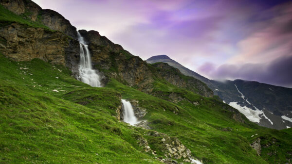 Wallpaper Slope, Light, Greenery, Waterfalls, Purple, Nature, Mountain, Under, Mobile, Desktop, Blue, Sky