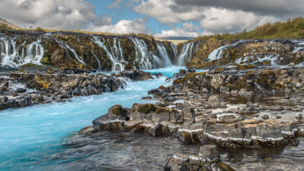 Wallpaper White, River, Beautiful, Clouds, Blue, Nature, Rocks, Stones, Under, Waterfalls, Sky, Green, Stream, Plants