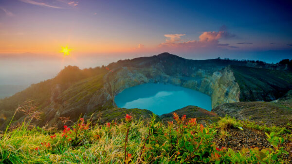 Wallpaper Green, Surrounded, Grass, Sunrise, Nature, Rock, Lake, Plants, During, Mountain