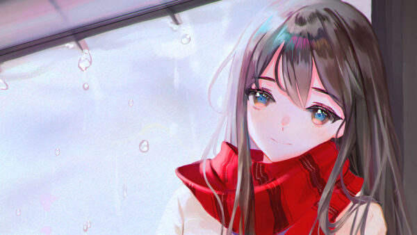 Wallpaper With, Red, Eyes, Face, Blue, Scarf, Sad, Anime, Girl