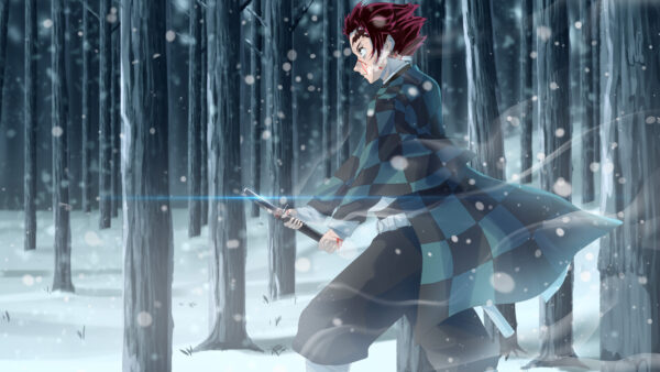 Wallpaper Covered, Forest, Tanjiro, Demon, Slayer, Kamado, Background, Sword, Snow, Trees, With, Desktop, Anime