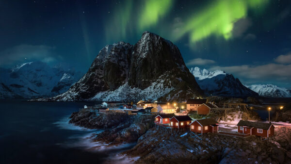Wallpaper Mobile, Norway, Aurora, Northern, Village, Desktop, Nature, Lights, Lofoten