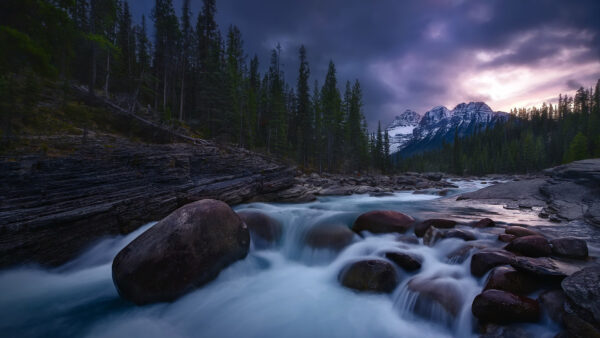 Wallpaper Stones, Covered, And, Stream, Nature, Cloudy, Water, Between, Background, With, Trees, Mountain, Desktop, Snow, Sky