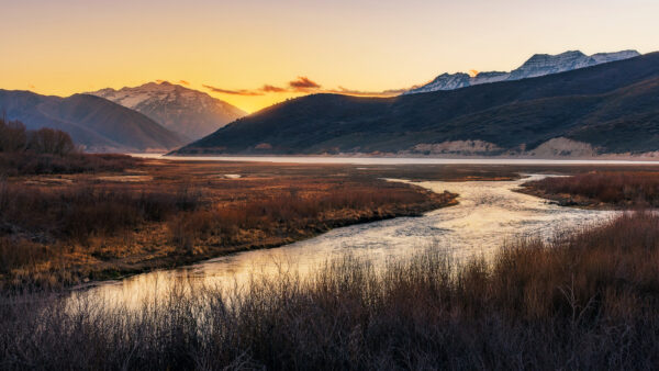 Wallpaper River, Beautiful, Mountains, Field, Scenery, Grass, Covered, Desktop, Nature, Snow, Mobile, Sunset, During
