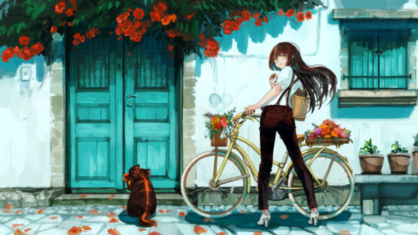 Wallpaper Black, Girl, White, Anime, Flowers, Dress, Bicycle