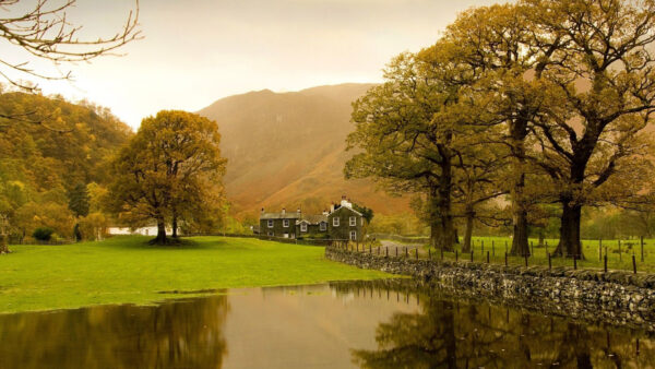 Wallpaper Green, Reflection, Landscape, View, Slope, Mountains, Grass, Country, Lake, Trees