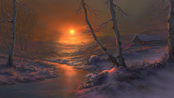 Wallpaper Sunset, Anime, Nature, Snow, Reflection, Artistic