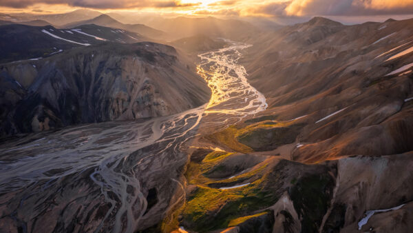 Wallpaper Sky, During, River, Slope, Between, Nature, Greenery, Under, Clouds, Mountains, White, Sunset, Black