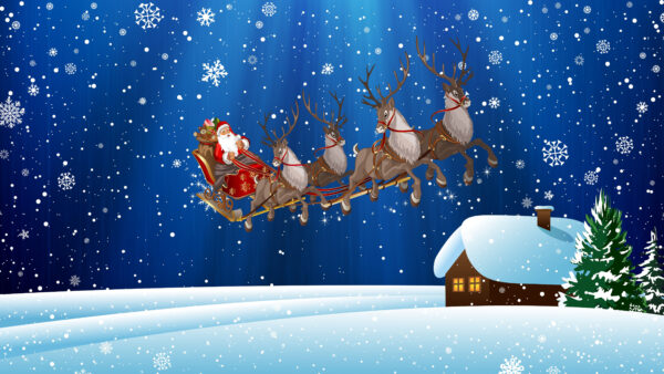 Wallpaper Christmas, Covered, Snowflakes, Trees, Snow, House, Background, Reindeer, Santa, Blue, Claus