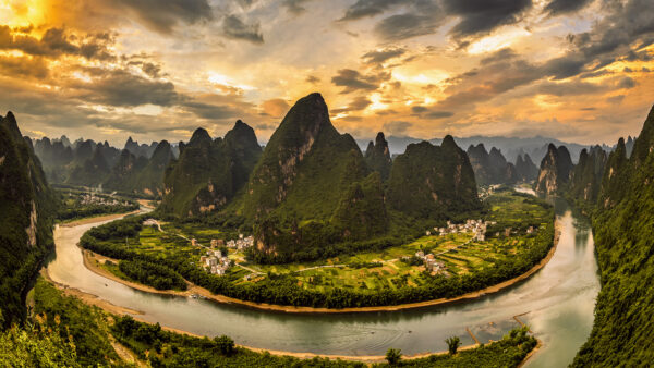 Wallpaper River, View, Aerial, Village, Sky, Greenery, Mountain, Black, Under, Blue, White, Clouds, Houses, Nature