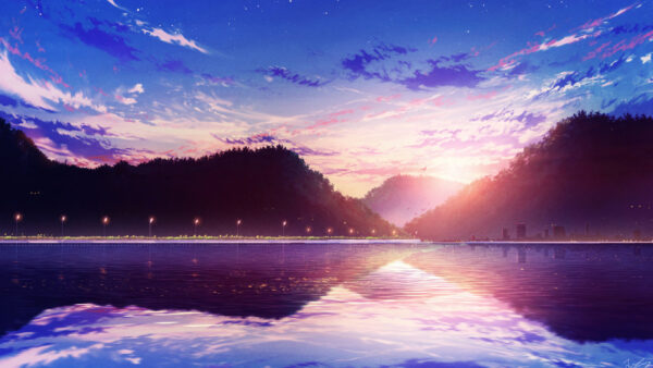 Wallpaper Anime, Blue, Sunset, Trees, River, Reflection, Sky